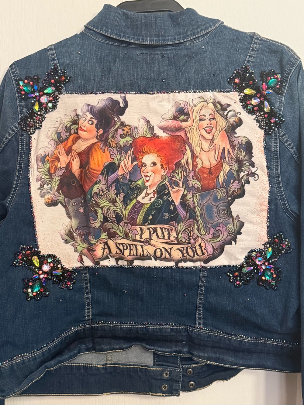 torrid dark blue denim jacket with colorful embellished spellback artwork - Picture 3 of 5